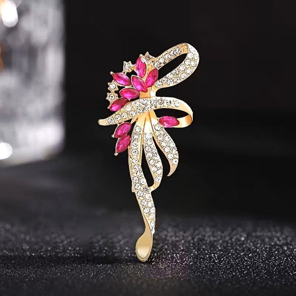 Brooch Rhinestone Flower Ribbon Pin Hollywood Glam Stunning Stylish Trendy Pink